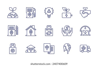 Conjunto de iconos de línea de ecología. Trazo editable. Ilustración vectorial. Conteniendo eco-friendly, eco-fuel, eco-bag, eco-house, bombilla, batería, bolsa reciclada, planeta, folleto, calentamiento global, apretón de manos.