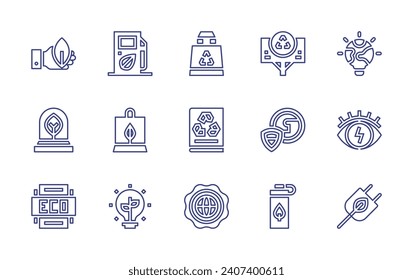 Conjunto de iconos de línea de ecología. Trazo editable. Ilustración vectorial. Conteniendo ecología, eco, ecocombustible, eco-bolsa, eco-light, bolsa, reciclaje, reciclaje, protección, placa, botella reutilizable, bombilla, energía.