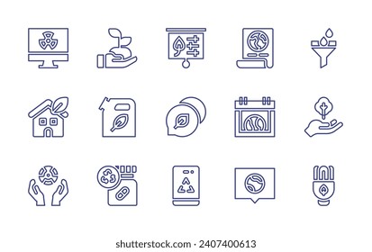 Ecology line icon set. Editable stroke. Vector illustration. Containing sprout, biofuel, drug, filter, tree, saving, presentation, chat, recycle, nuclear, greenhouse, poster, calendar, earth.