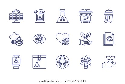 Ecology line icon set. Editable stroke. Vector illustration. Containing plastic, eye, recycle, garbage, file, sprout, flask, heart, green earth, solar panel, acid rain, gas cylinder, bin, grow, wind.