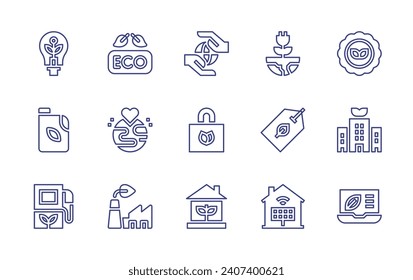 Ecology line icon set. Editable stroke. Vector illustration. Containing eco friendly, world, factory, eco electric, eco fuel, earth, green energy, shopping bag, tag, green house, solar panel, bio.