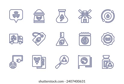 Ecology line icon set. Editable stroke. Vector illustration. Containing fertilizer, recycle, postcard, water cycle, badge, biomedical waste, biology, nuclear energy, recycling truck, windmill, earth.