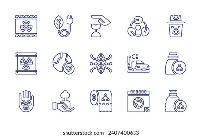 Ecology line icon set. Editable stroke. Vector illustration. Containing green energy, earth, protect, recycle bin, garbage, growth, photosynthesis, recycle, nuclear energy, oil barrel, nuclear.