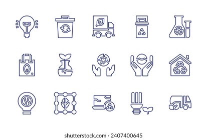 Ecology line icon set. Editable stroke. Vector illustration. Containing idea, recycle bag, light, truck, earth, laptop, recycling point, world oceans day, light bulb, tube, home, refuelling truck.
