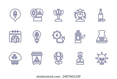 Conjunto de iconos de línea de ecología. Trazo editable. Ilustración vectorial. Contiene papel tisular, bombilla, papelera de reciclaje, frasco, matraz, energía renovable, planta, globo mundial, sano, tierra, lluvia ácida.
