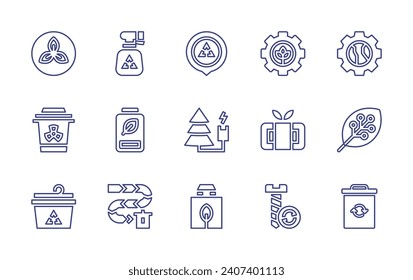 Ecology line icon set. Editable stroke. Vector illustration. Containing recycle, battery, flow, settings, renewable energy, recycle bin, recycling, green energy, recycle bag, organic, trash bin.