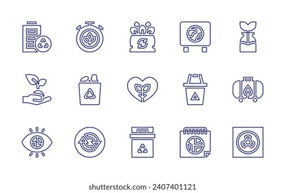 Ecology line icon set. Editable stroke. Vector illustration. Containing recycling, sprout, eye, timer, recycling container, organic, heart, bin, banner, reuse, tank, radiation, rubbish bin.