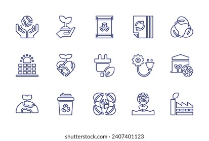 Ecology line icon set. Editable stroke. Vector illustration. Containing world, solar energy, go green, plant tree, heart, coffee cup, barrel, plug, recycle, paper recycle, planet earth, recycle sign.