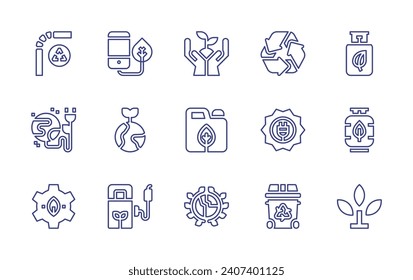 Ecology line icon set. Editable stroke. Vector illustration. Containing recycle, green energy, gear, charging, earth, biofuel, plant, world, solar energy, recycle bin, biogas, sprout.
