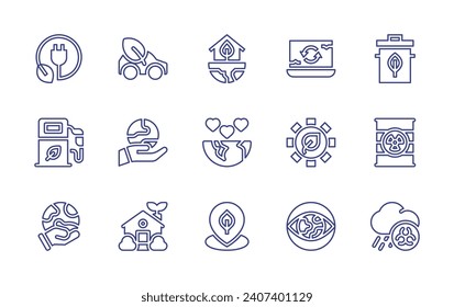 Ecology line icon set. Editable stroke. Vector illustration. Containing eco car, environmental protection, eco home, eco, green energy, hand, recycling, gear, vision, greenhouse, world, location, dump