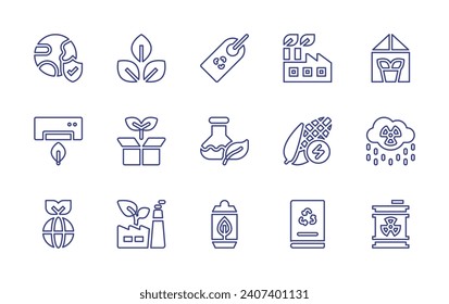 Ecology line icon set. Editable stroke. Vector illustration. Containing eco friendly fabric, sustainable, factory, ecologism, eco friendly, ecology, bio energy, book, recycling, flask, can, greenhouse