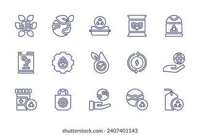 Ecology line icon set. Editable stroke. Vector illustration. Containing food container, hypoallergenic, earth, ecologic, ecology, eco bag, biofuel, renewable energy, recycling, recycle bin, recyclable