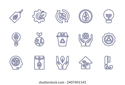 Ecology line icon set. Editable stroke. Vector illustration. Containing gear, eco friendly, packaging, tag, eco, think eco, environment protection, leaf, waste bin, environment, light bulb.