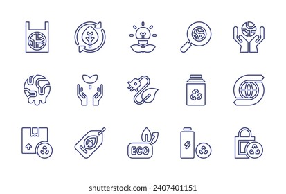 Ecology line icon set. Editable stroke. Vector illustration. Containing bio energy, plug in, eco, ecology, eco tag, search, recycle, recycling, bag, global warming, earth, resources.