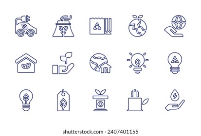 Ecology line icon set. Editable stroke. Vector illustration. Containing packaging, eco friendly, eco car, house, eco, eco factory, reusable, environment, earth, light bulb, politics, totebag.