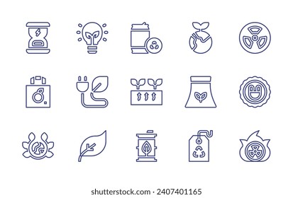 Ecology line icon set. Editable stroke. Vector illustration. Containing eco bulb, bio energy, green energy, ecology, eco bag, world, power plant, recycling, geothermal energy, barrel, radiation, plug.