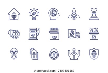 Ecology line icon set. Editable stroke. Vector illustration. Containing eco fuel, eco light, eco tag, eco house, ecology, light bulb, think green, notebook, global warming, wind, recycling truck.