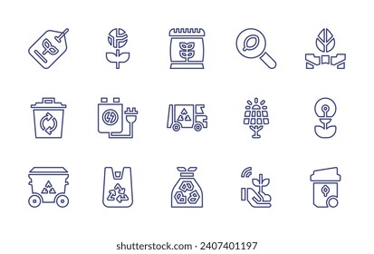 Ecology line icon set. Editable stroke. Vector illustration. Containing solar panel, tag, recycle, recycle bin, reusable, search, seed bag, garbage, garbage bag, scooter, light, dumpster, earth.