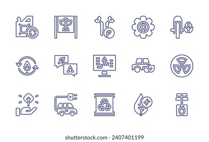 Conjunto de iconos de línea de ecología. Trazo editable. Ilustración vectorial. Conteniendo coche, reutilizable, árbol, auto eléctrico, ajustes, metal, información, barril, scooter, radiación, panel solar, afiche, sostenible.