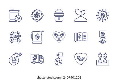 Ecology line icon set. Editable stroke. Vector illustration. Containing love, waste, reward, bomb, bio energy, heart, world, sprout, sun energy, radiation, hydroponic, connection, fuel, garbage truck.