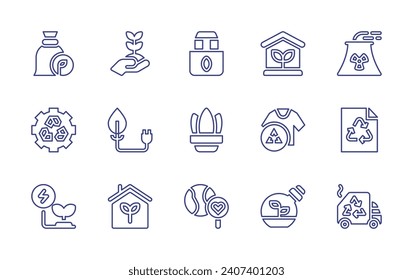 Ecology line icon set. Editable stroke. Vector illustration. Containing greenhouse effect, garbage, settings, bioenergy, recycle bag, plant, search, greenhouse, nuclear energy, recycle, growth.