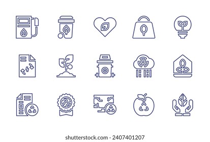 Conjunto de iconos de línea de ecología. Trazo editable. Ilustración vectorial. Conteniendo estación de gas, documento, reciclaje, amor, basura, monitoreo, bolsa, lluvia ácida, desperdicio de comida, idea, invernadero, salvar la naturaleza, basurero.