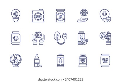 Ecology line icon set. Editable stroke. Vector illustration. Containing eco packaging, eco fuel, eco, ecology, eco battery, renewable energy, recycling, windmill, world, battery, biogas, natural gas.