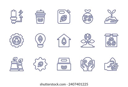 Ecology line icon set. Editable stroke. Vector illustration. Containing packaging, energy, fuel, eco house, eco factory, saving, recycling, factory, green earth, natural, earth.