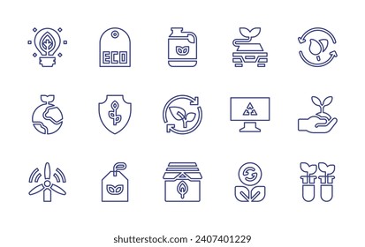 Ecology line icon set. Editable stroke. Vector illustration. Containing eco tag, eco friendly, eco, eco fuel, ecology, lightbulb, save the planet, wind energy, hybrid car, computer monitor, recycling.