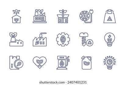 Ecology line icon set. Editable stroke. Vector illustration. Containing eco factory, package, gear, ecology, eco fuel, green house, green factory, plastic bag, recycling bag, bio energy, world.