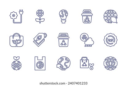 Ecology line icon set. Editable stroke. Vector illustration. Containing bio energy, ecology, eco bag, eco tag, eco, eco friendly, ecologic, save energy, recycling bin, world, trash, acid rain, recycle
