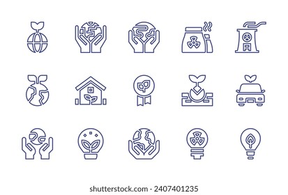 Ecology line icon set. Editable stroke. Vector illustration. Containing ecology, eco house, awareness, badge, care, buildings, sprout, nuclear energy, cooling tower, electric car.