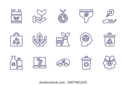 Ecology line icon set. Editable stroke. Vector illustration. Containing ecology, eco friendly, eco, eco factory, eco car, battery, shopping bag, biodegradable, nature, recycle bin, filter, recycling.