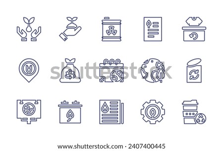 Ecology line icon set. Editable stroke. Vector illustration. Containing growth, reduce, battery, recycle, can, reusable, radiation, mother earth day, news, plant, plug, billboard, investigation.