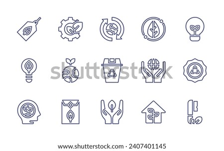 Ecology line icon set. Editable stroke. Vector illustration. Containing gear, eco friendly, packaging, tag, eco, think eco, environment protection, leaf, waste bin, environment, light bulb.