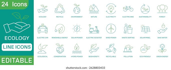 Ecology line icon set. Environment, sustainability, nature, recycle, renewable energy; electric bike, eco-friendly, forest, wind power, green symbol. perfect icon collection.