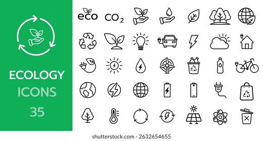 Ecology line icon set. Environment, nature, sustainability, recycle, renewable energy , eco-friendly, forest, wind power, green symbol. icons vector collection.	