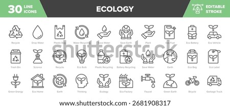 Ecology Line Icon Set - Environment, Plastic Recycling, Green Energy, Sustainable Vector Illustration