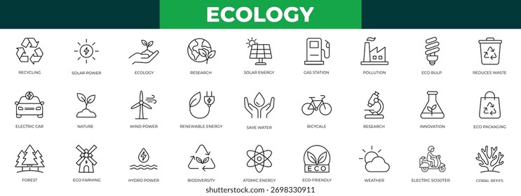 Conjunto de iconos de línea de ecología. Vespa eléctrica, arrecifes de coral, embalaje ecológico, reduce los residuos, eco bulp, colección de iconos de innovación.