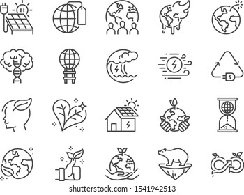 Ecology line icon set. Included icons as eco product, clean energy, renewable power, recycle, reusable, go green and more.