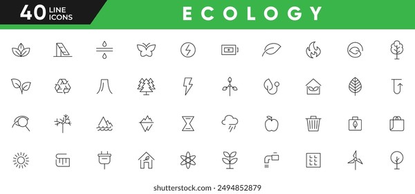 Ecology line icon set. Planet care, recycling power, O2 neutral, zero waste, global warming, urban ecosystems, green energy, air, water, carbon-absorbing outline icon collection. Ui thin icon pack