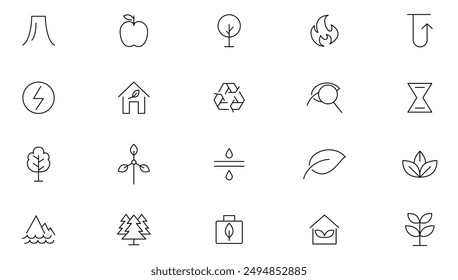 Ecology line icon set. Planet care, recycling power, O2 neutral, zero waste, global warming, urban ecosystems, green energy, air, water, carbon-absorbing outline icon collection. Ui thin icon pack