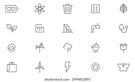 Ecology line icon set. Planet care, recycling power, O2 neutral, zero waste, global warming, urban ecosystems, green energy, air, water, carbon-absorbing outline icon collection. Ui thin icon pack