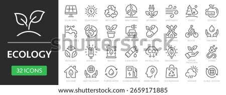 Ecology line icon set. Recycle, solar power, eco, nature, eco farming, green, environment, bio energy, clear water - stock vector.