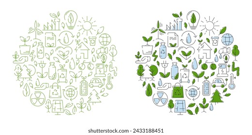 Ecology, line icons design, round form. Ecology environment improvement, sustainability, recycle, renewable energy, nature. Eco friendly vector illustration. Concept of net zero emissions by 2050.