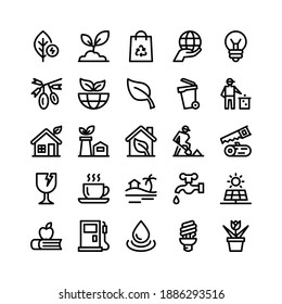 Iconos de línea ecológica, incluidos hoja, semilla, bolso, mano, bulbo, fruta, papelera, hombre, casa, fábrica, madera y siembra, vidrio, copa, playa, grifo, energía solar, libro, biocombustible, gotas, lámpara, flor