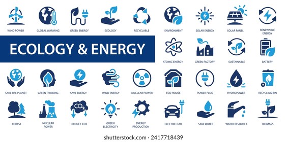 Ecology line icons set. 50 Ecology and nature green symbol collection. Green energy, renewable energy and green technology symbol.