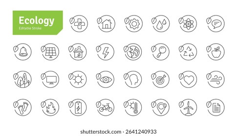 Ecology Line Icons Set. Climate Change, Green Energy, Renewable Energy, Green Technology, Sustainability, Solar Energy Icons Editable Stroke Vector Illustration