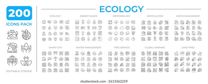 Ecology line icons set collection. Sustainable technology in routine life. Environmental friendly development mega pack of linear pictograms. Isolated vector illustrations. Editable stroke
