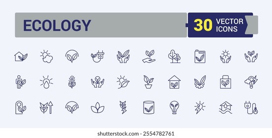 Ecology line icons set. Containing nature, organic, energy, natural, green power, renewable, wind power. Simple icon designs. Editable vector stroke.